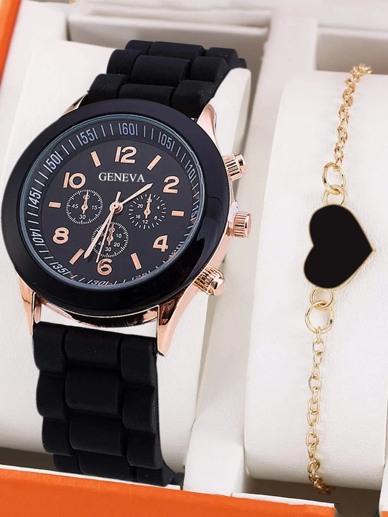 Round Pointer Quartz Watch & 1pc Bracelet