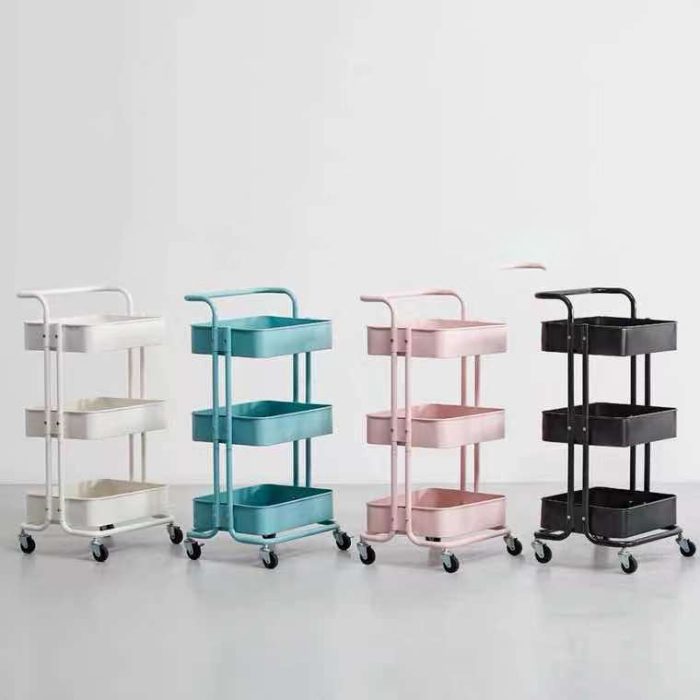 Moderne en voordelige kapperstrolley voor haarstyling, gezichtsbehandelingen en manicure, met handige opbergmogelijkheden.